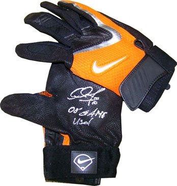 Adam Jones Autographed/Hand Signed Bltimore Orioles 2008 Game Used Orange / Black Batting Gloves