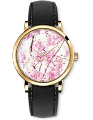 SPRAWL Aanalog Fashion Series Gold Ladies Watches of Genuine Black Leather Strap,Unique Wrist Watch for Women Girls Designed with Peach blossoms