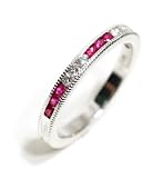 Anniversary Band or Stacking Ring, Channel Set Half Circle with Alternating Diamond and Ruby, with Fine Millgrain Edge, 18k White Gold, Ring Size 7.25 (T.w 0.40)