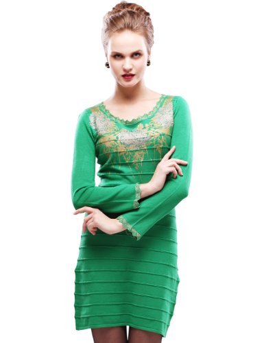 Maxchic Women's Boat Neck Printed Studs Sweater Dress Q42006S11M,Green,Small