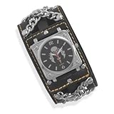 Men's Black Leather Biker Watch Band with Spikes. The Face Has a Skull and Cross Bones Design. Band Measures 36mm.