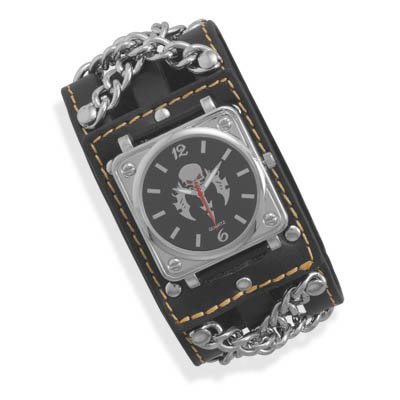 Men's Black Leather Biker Watch Band with Spikes. The Face Has a Skull and Cross Bones Design. Band Measures 36mm.