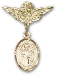 Gold Filled Baby Badge with St. Casimir of Poland Charm and Angel with Wings Badge Pin