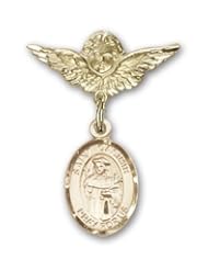 14K Gold Baby Badge with St. Casimir of Poland Charm and Angel with Wings Badge Pin