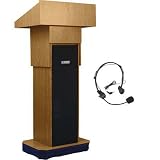 AmpliVox SW505A Wireless Executive Adjustable Height Sound Column Lectern with 50W Amplifier, Built-in Receiver, Wireless Headset Mic, Light Oak