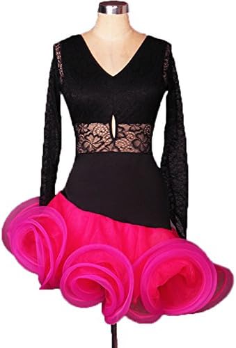 FERE8890 Women's Dancewear Competition Dancing Latin Aerobics Practice Bud Silk Sexy Dress Rose Red XL