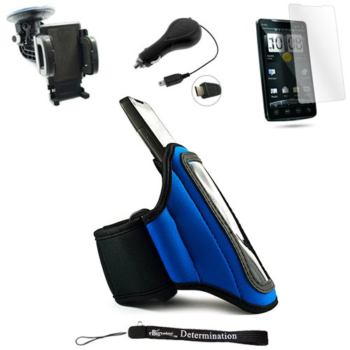 Blue Neoprene Adjustable Velcro Sportband / Workout Armband for T Mobile HTC EVO Mobile Phone + Includes a Retractable Car Charger for your HTC EVO + a 360Â° Rotatable Windshield Mount + a Anti Glare Screen Protector.