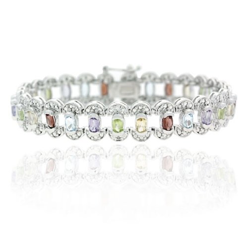 Sterling Silver 7.37ct. TGW Multi Color Gemstone and Diamond Accent Half Bezel Set Tennis Bracelet
