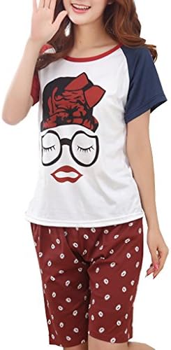 MyFav Women's Kiss Lip Printed Pajamas Short Sleeve Nighty Set Novelty Sleepwear