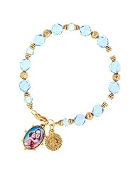 The Vatican Library Mary and Child Beaded Saint St. Medal Charm Bracelet 7" Rosary Miraculous Medal Blue