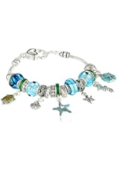 At the Beach Silver Tone Metal and Glass Bead Charm Bracelet