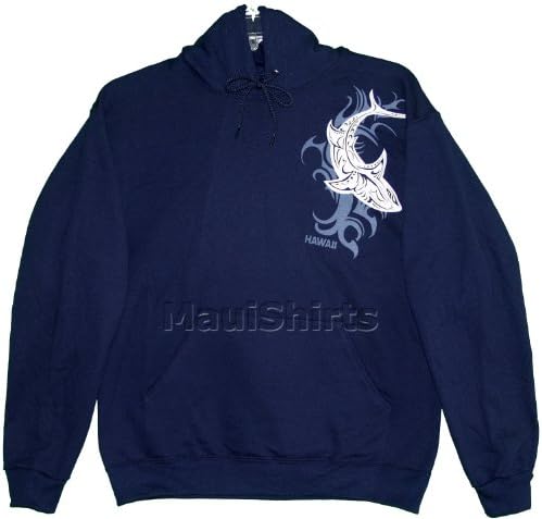 Unisex Hooded Sweatshirt - Tribal Shark Cotton Fleece Hoodie Screen Printed with Hawaii Island in Navy Blue - L