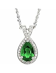 14K White Gold Pear Cut Chatham Created Emerald and Diamond Pendant -- LIFETIME WARRANTY