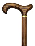 Walking Cane-Zebra. Ash wood Derby handle Cane. This walking stick cane is scorched and cherry stained. This wooden cane has a hardwood shaft. this walking aid has a capacity of 250 pounds and 36 inches long.