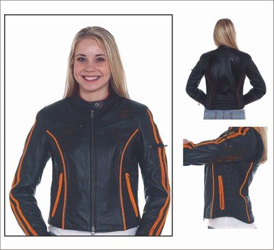 womens motorcycle jakets, Ladies leather racer jacket w double orange stripes down sleeves, orange stripes on front and back, ladies motorcycle jakets, women motorcycle jaket