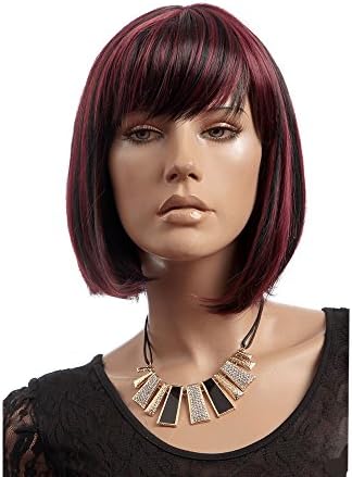 Wigiss Western BOB Stylish Short Straight Wig 100% Kanekalon Fiber Synthetic Hair Wig for White Women (Red+Black)