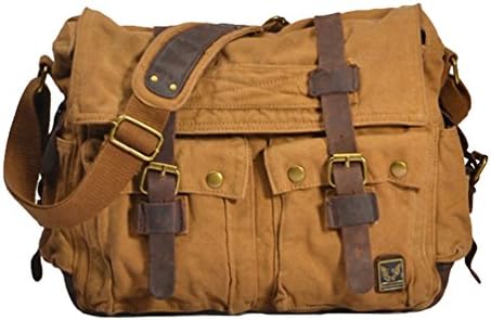 WenVen Unisex Vintage Canvas Outdoor Shoulder Bag Yellowish Khaki 15.7"L*4.7"W*13.4"H