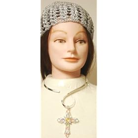 Hand Crocheted Metallic Silver Gimp Skull Cap Offered in Combination with Sterling Silver Choker...