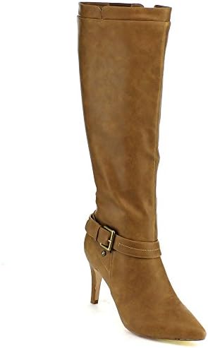 DE BLOSSOM COLLECTION NANCY-21X Women Pointy Toe Buckle Strap Side Zip Knee High Stiletto Boot,TAN,7.5