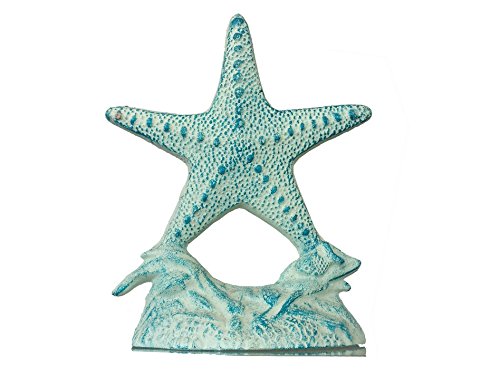 Rustic Cast Iron White and Blue Starfish Doorstop 10" - Decorative Nautical Doorstop