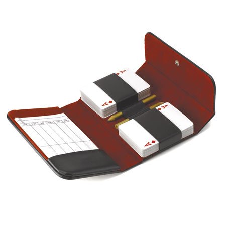 Black leather case containing two decks of cards, pencil and pad from Wolf Designs