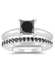 1.44 Cts Black Diamond Matching Ring Set in 14K White Gold