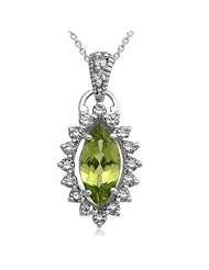 Jewelili Marquise Cut Genuine Peridot and Lab Created White Sapphire Pendant in 10K White Gold, 18" Chain
