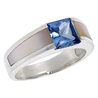 Sterling Silver 2.0 Carat Size Princess Cut Blue Topaz Colored CZ w/ Mother of Pearl Solitaire Ring (Available in Sizes 6 to 10)