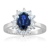 Natural Sapphire and Diamond Engagement Ring in 18k White Gold Halo Ring (G, SI2, 2.10 cttw), 8x6mm, Certificate of Authenticity
