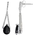 14k White Gold Drop Earrings, w/ 0.16 Carat Brilliant Cut Diamonds & 1.50 Carats Pear Cut Black Sapphire Stones, 1 1/16" (27mm) tall