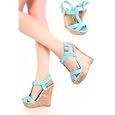 Shoehorne - Liam Light Baby Blue Patent T-Bar Cork Platform Wedge High Heeled Sandals - Size 3-8 UK'