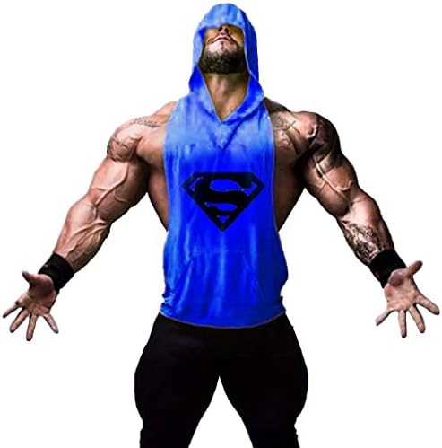 Kingsnower Mens Fashion Sleeveless Hoodie Fitness Tank Top With Kangaroo Pocket(superman-blue-m)