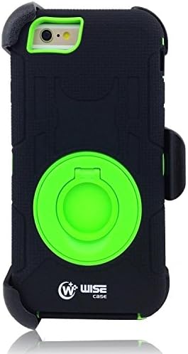Wisecase ® Shock&drop-proof Amy-grade Protective Hard Defender with 360 Degree Rotating Ring Bracket Protective Case and Tpu Rubber & Silicone Case with Stand & Clip Three Layer Hard Shell Cover Holster for Apple Iphone 6 4.7" (Black+Green)