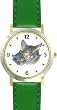 Gray Tabby Cat Mom and Kitten Cat - JP - WATCHBUDDY&reg; DELUXE TWO-TONE THEME WATCH - Arabic Numbers - Green Leather Strap-Size-Large ( Men's Size or Jumbo Women's Size )