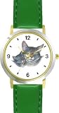 Gray Tabby Cat Mom and Kitten Cat - JP - WATCHBUDDY&reg; DELUXE TWO-TONE THEME WATCH - Arabic Numbers - Green Leather Strap-Size-Large ( Men's Size or Jumbo Women's Size )