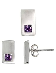 Sterling Silver Matte-finish Rectangular Earrings (10mm tall) & Pendant Slide (10mm tall) Set, w/ Princess Cut Amethyst-colored CZ Stones