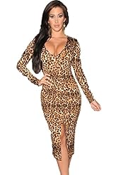 Leopard Print Slit Polyester/Spandex Midi Dress 