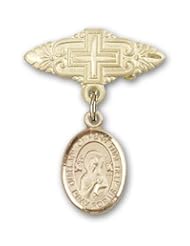 14K Gold Baby Badge with Our Lady of Perpetual Help Charm and Badge Pin with Cross