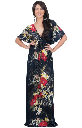 KOH KOH Women's Kimono Sleeve V-Neck Versatile Long Floral Print Maxi Dress