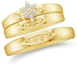 10K Yellow Gold Diamond Mens and Ladies Couple His & Hers Trio 3 Three Ring Bridal Matching Engagement Wedding Ring Band Set - Flower Shape Center Setting w/ Channel Set Round Diamonds - (1/10 cttw) - SEE PRODUCT DESCRIPTION TO CHOOSE BOTH SIZES