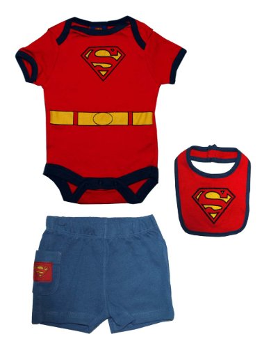  Superman DC Comics Superhero Embroidered Logo Baby Romper Pants And Bib 3 pc Set Onesie Size: 3-6 Months