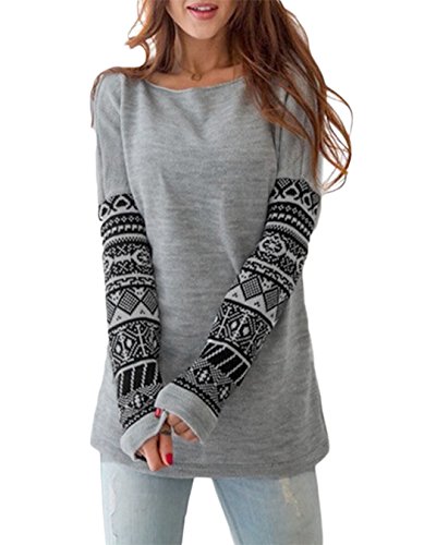 POGT Women Casual Long Sleeve Geometric Print Sweatshirt (XL, Gray)