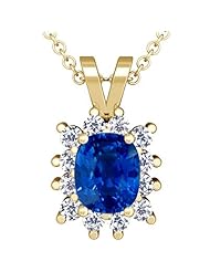 14K Yellow Gold Cushion Cut Blue Sapphire And Round Diamond Pendant