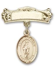 Gold Filled Baby Badge with St. Gregory the Great Charm and Arched Polished Badge Pin