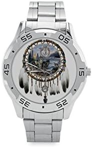 Cool Native American Howling Wolves whith Dream Catcher Men's Stainless Steel Analog Watch,Watch Face Diameter: 1.5"