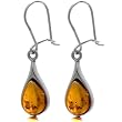 Certified Genuine Honey Amber and Sterling Silver Tear Drop Dangle Earrings