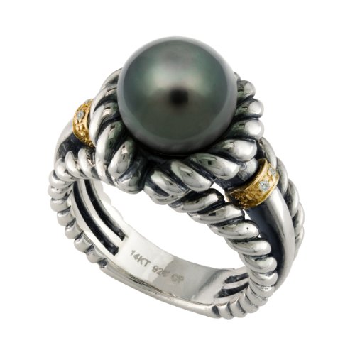 14K Yellow Gold and .925 Sterling Silver 8-9mm Tahitian Black Pearl and Diamond Ring TR-10052A-AM