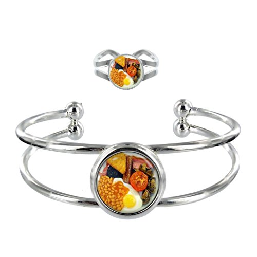 Breakfast Fry Up Silver Plated Adjustable Ring with Bangle in Organza Bag