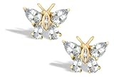 14K Yellow Gold Genuine Pear White Topaz and Diamond Butterfly Earrings