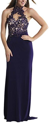 Sherrydress Women's Full Length Sexy Halter Beaded Illusion Jersey Gown Purple